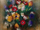 a painting of flowers in a vase on a table