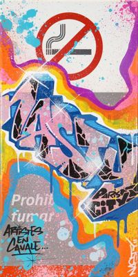 peinture représentant un panneau « Interdiction de fumer » sur un mur recouvert de graffitis