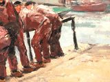 painting of a group of men standing on top of a beach next to a body of water