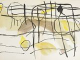 drawing of a bird sitting on a wire fence in front of a tree