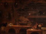 a painting of a kitchen with pots and pans on the counter