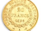 une vieille pièce française de 20 francs sur fond blanc