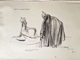 un vieux dessin représentant un homme et une femme assis à une table