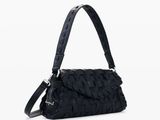 a black purse with a black strap and a white background