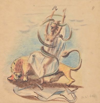 drawing of a man on a horse with a dog on a leash