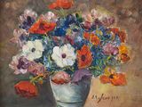 a painting of a vase of flowers on a table