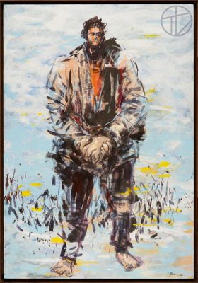 an oil painting of a man standing in a field with his arms crossed