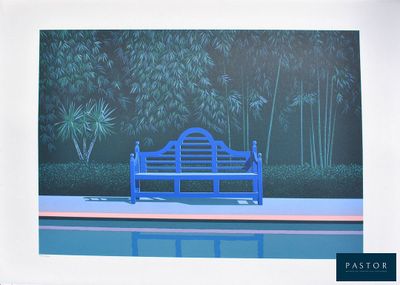 un tableau représentant un banc bleu au bord d'une piscine