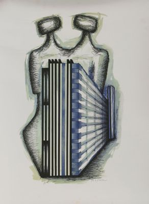 drawing of two men playing an accordion in front of a white background