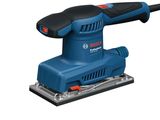 a blue electric sander with a black handle on a white background