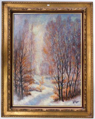 une peinture d'un paysage enneigé avec des arbres au premier plan