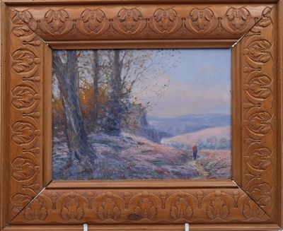 an oil painting of a couple walking down a path in a wooded area