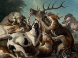 a painting of a group of dogs playing with each other