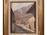 une peinture à l'huile représentant une rue de village avec une montagne en arrière-plan