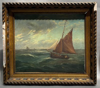 une peinture à l'huile représentant un voilier sur une mer agitée, avec d'autres bateaux en arrière-plan