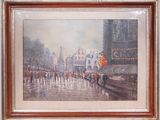 tableau représentant une scène de rue en ville avec des passants marchant sous la pluie