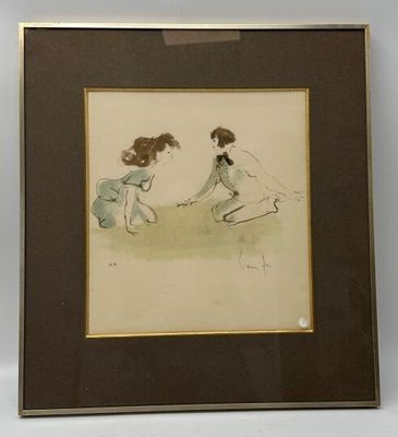 tableau représentant deux enfants jouant avec un ballon dans un champ