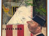 a painting of a man in a top hat looking at a drawing