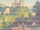 a painting of a castle on a hill with a horse drawn carriage