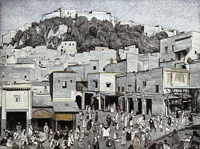 a painting of a town with a mountain in the background