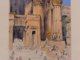 a picture of a painting of a group of people in front of a building