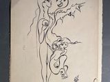 drawing of a woman holding a cat in her right hand
