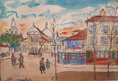 un tableau représentant une scène de rue avec des passants