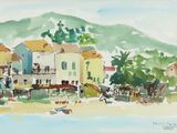 a watercolor painting of a small town by the water