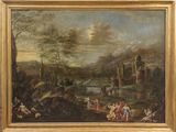 an oil painting of a landscape with figures and a castle