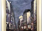 an oil painting of a city street at night with buildings in the background