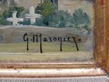 une image représentant un tableau où l'on voit un banc devant un bâtiment