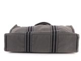 grey canvas duffel bag with black stripes on white background