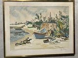 une image d'un tableau représentant un bateau sur la plage