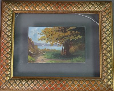 tableau représentant un paysage avec un sentier et des arbres, dans un cadre doré