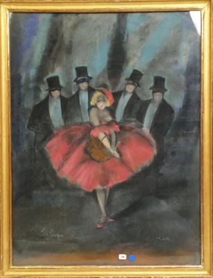 une peinture à l'huile représentant une femme en robe rouge et un groupe d'hommes en smoking