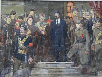 un tableau représentant un homme debout devant un groupe d'hommes