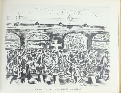 dessin représentant un groupe de personnes debout devant une gare