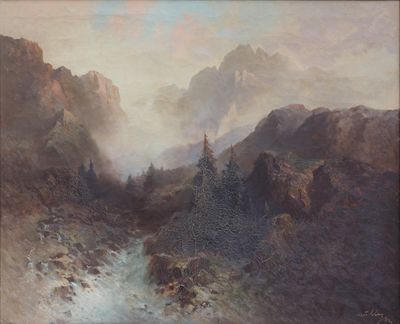 tableau représentant un paysage de montagne traversé par un ruisseau