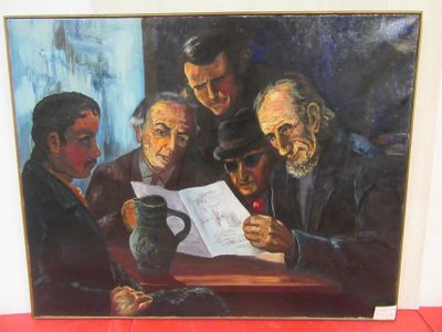 a painting of a group of men sitting at a table