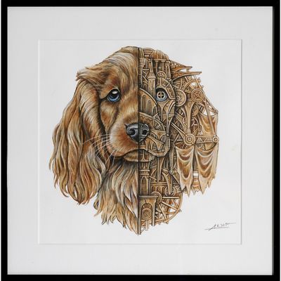 tableau représentant la tête d'un chien avec des engrenages en arrière-plan