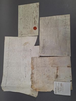 plusieurs vieux morceaux de papier avec des inscriptions, posés sur une table