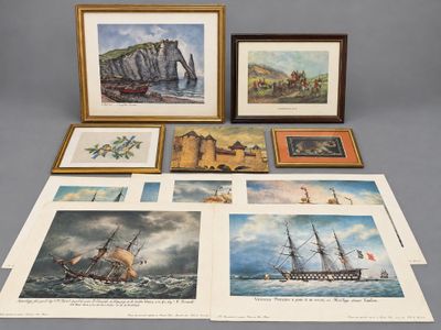 several framed and unframed paintings of ships in various sizes and shapes