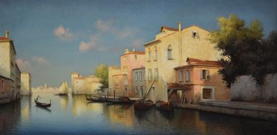 a painting of a canal with a boat in it