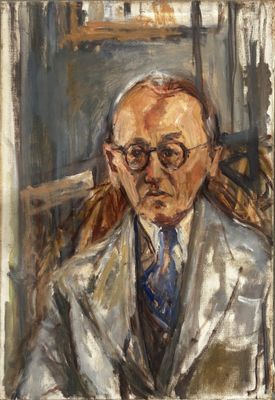 painting of a man in a suit and tie sitting in a chair