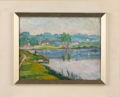 une peinture à l'huile représentant une scène de rivière avec un bateau dans l'eau