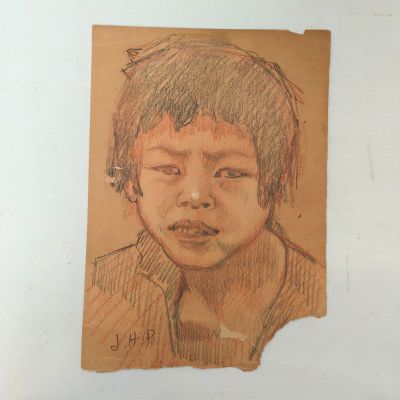 a drawing of a young boy with a sad look on his face
