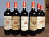 six bottles of red wine are lined up on a wooden table