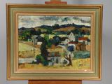 une peinture à l'huile représentant une scène de vie à la ferme, posée sur un chevalet en bois