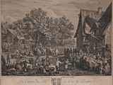 an old drawing of a crowd of people gathered around a building