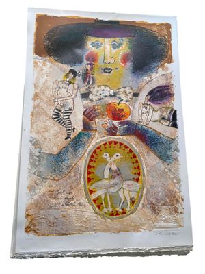 an image of a painting of a man with a hat and a clock